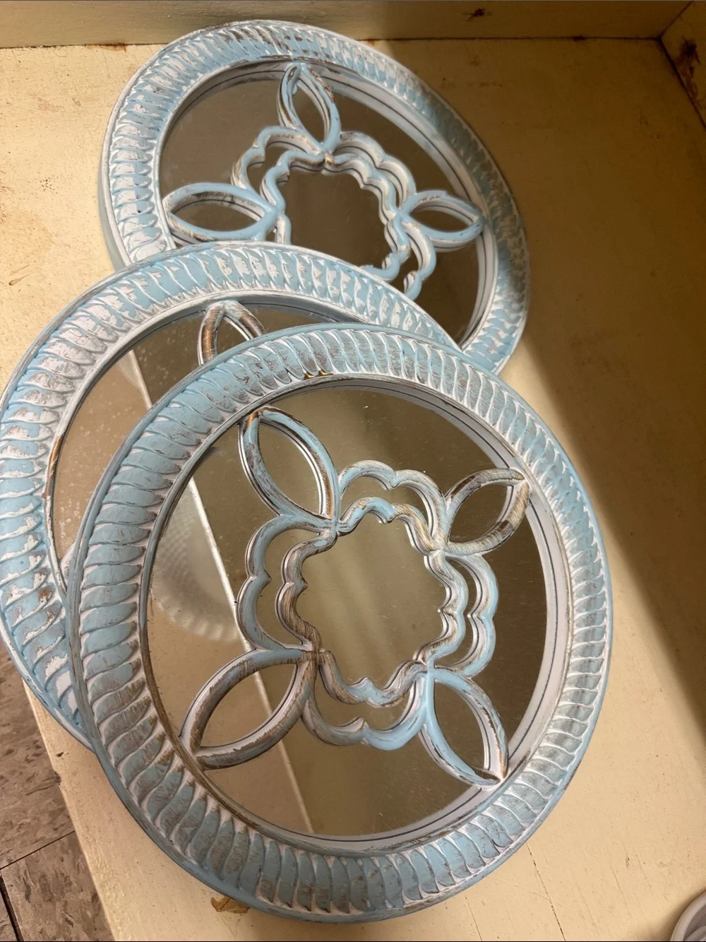 Decorative Round Wall Mirror Set in Distressed Light Blue
